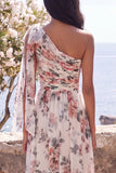 One Shoulder Ivory Floral Wedding Guest Dress with Slit