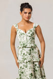 Green Flower A Line Corset Ruffle Long Bridesmaid Dress with Lace Up Back