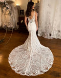 Mermaid V Neck Spaghetti Straps Sweep Train Lace Wedding Dress