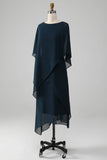 Navy A Line Scoop Tea Length Chiffon Mother of the Bride Dress