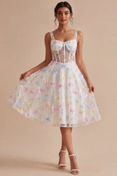 Floral White Corset Beaded A Line Graduation Dress