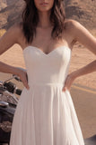Simple Ivory A Line Strapless Maxi Wedding Dress with Slit
