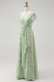 Dusty Sage A Line Chiffon Flutter Sleeves Print Floral Bridesmaid Dress with Slit
