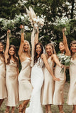 Spaghetti Straps Cowl Neck Tea Length Champagne Sheath Bridesmaid Dress