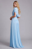 Sky Blue Mermaid Ruched Maxi Dress with Cape Sleeves