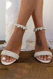 Open Toe Pearl Ankle Strap Block High Heels
