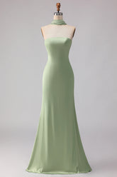 Dusty Sage Mermaid Strapless Satin Long Bridesmaid Dress with Streamer