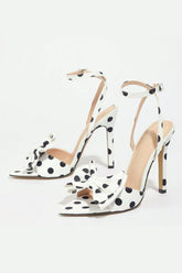 White Black Polka Dot Bowed Stiletto High Heels with Ankle Strap