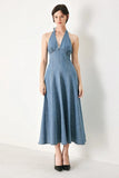 BLUE HALTER DENIM MIDI DRESS