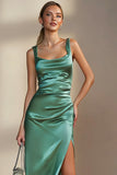 Emerald Green Sheath Square Neck Satin Midi Formal Dress with Slit