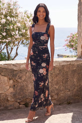 Black Square Neck Ruched Floral Wedding Guest Dress
