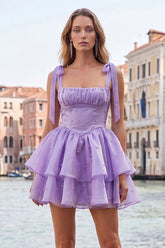 Cute Lilac A Line Pearl Tiered Short Homecoming Dress with Lace Up Back