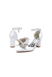 Pointed Toe Ankle Strap Chunky Heel With Rhinestone