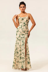 Champagne Sheath Backless Print Floral Long Bridesmaid Dress with Slit