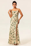 Champagne Sheath Backless Print Floral Long Bridesmaid Dress with Slit