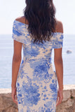Blue Flower Off the Shoulder Wedding Guest Dress with Slit