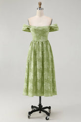 Sage Green Floral A Line Jacquard Off The Shoulder Midi Dress