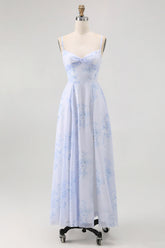 Blue Flower A Line Spaghetti Straps Backless Bridesmaid Dress