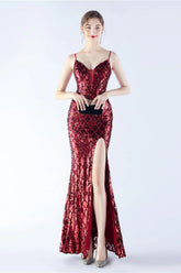 Burgundy Sheath Spaghetti Straps V neck Sequin Formal Dress with Slit