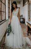 Rustic Boho Elegant A Line Tulle Lace V neck Open Back Floor Length Sleeveless Wedding Dress
