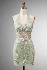 Sage Green Embroidered Halter Corset Bodycon Homecoming Dress