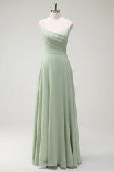 Dusty Sage A Line Spaghetti Straps Chiffon Pleated Long Bridesmaid Dress