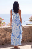 Blue Floral Ruched One Shoulder Wedding Guest Dress with Side Streamer
