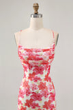 Red Flower Bodycon Ruched Printed Homecoming Dress