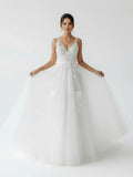 A Line V Back Long White Wedding Dress with Lace Appliqued