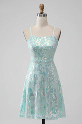 Mint A Line Sequins Short Homecoming Dress with Lace up Back