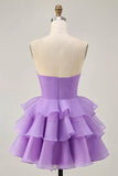 Tiered Cute A Line Strapless Cut Out Purple Homecoming Dress