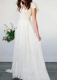Beach Chiffon A Line Simple White Wedding Dress with Short Sleeves