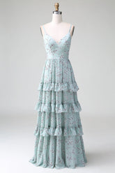 Grey Green A Line Spaghetti Straps Tiered Print Long Bridesmaid Dress With Ruffles