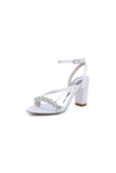 Open Toe Ankle Strap Satin Chunky Heels With Rhinestone