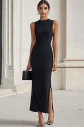 High Neck Bodycon Long Black Tie Dress With Slit