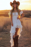 White A Line Off The Shoulder High Low Cut Out Wedding Dress with Ruffles