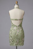 Sage Green Embroidered Halter Corset Bodycon Homecoming Dress