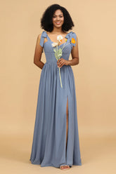 Grey Blue A Line Floor Length Chiffon Bridesmaid Dress with Slit