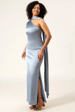 Dusty Blue Sheath One Shoulder Long Satin Bridesmaid Dress