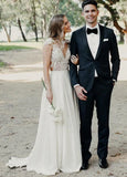 A Line Cap Sleeve Long Backless Wedding Dresses with Appliques