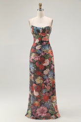Black Flower Sheath Spaghetti Straps Print Maxi Dress with Lace Up Back