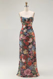 Black Flower Sheath Spaghetti Straps Print Maxi Dress with Lace Up Back