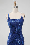 Royal Blue Bodycon Sequins Short Homecoming Dress with Lace up Back