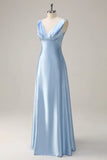 Sky Blue A Line V Neck Ruched Long Bridesmaid Dress