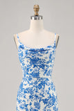 Blue Flower Printed Sheath Spaghetti Straps Maxi Dress