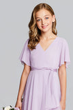 Purple Chiffon A Line V Neck Midi Junior Bridesmaid Dress