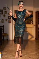 Dark Green Beaded Fringed Flapper Holiday Party Dress