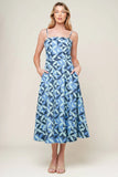 GWENNY GEOMETRIC BLUE DENIM MIDI DRESS