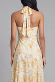 Floral Halter A Line Yellow Wedding Guest Dress