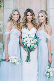 Light Blue A Line Off the Shoulder Long Chiffon Boho Bridesmaid Dress
